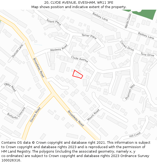 20, CLYDE AVENUE, EVESHAM, WR11 3FE: Location map and indicative extent of plot