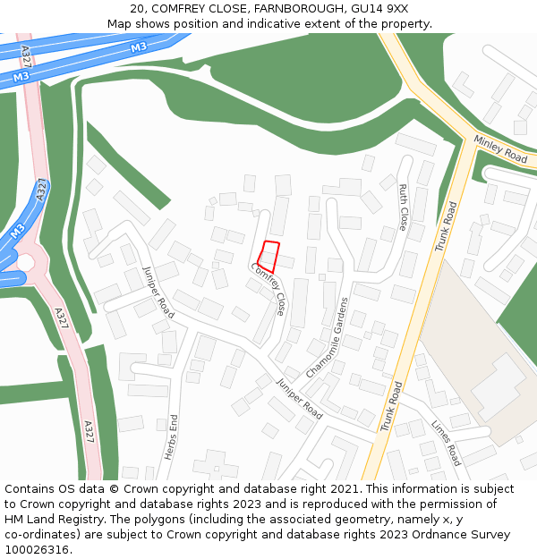 20, COMFREY CLOSE, FARNBOROUGH, GU14 9XX: Location map and indicative extent of plot