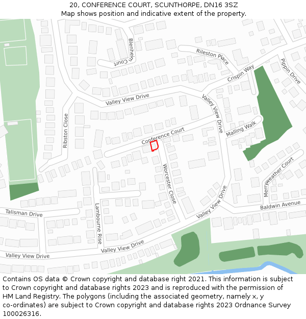 20, CONFERENCE COURT, SCUNTHORPE, DN16 3SZ: Location map and indicative extent of plot