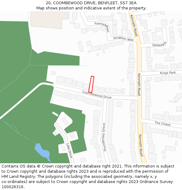 20, COOMBEWOOD DRIVE, BENFLEET, SS7 3EA: Location map and indicative extent of plot