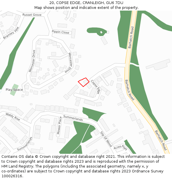 20, COPSE EDGE, CRANLEIGH, GU6 7DU: Location map and indicative extent of plot