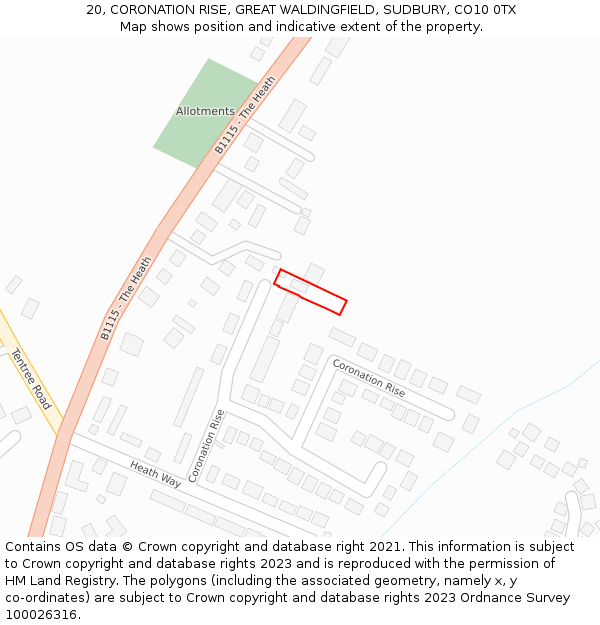 20, CORONATION RISE, GREAT WALDINGFIELD, SUDBURY, CO10 0TX: Location map and indicative extent of plot