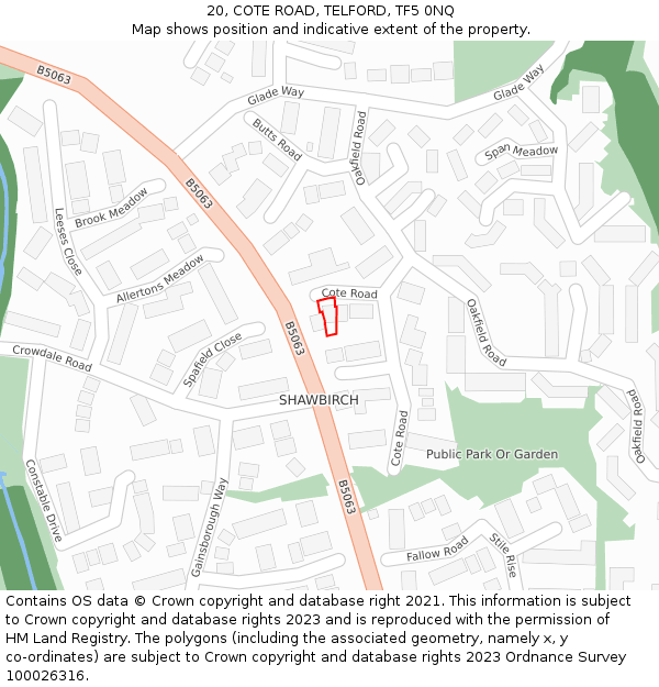 20, COTE ROAD, TELFORD, TF5 0NQ: Location map and indicative extent of plot
