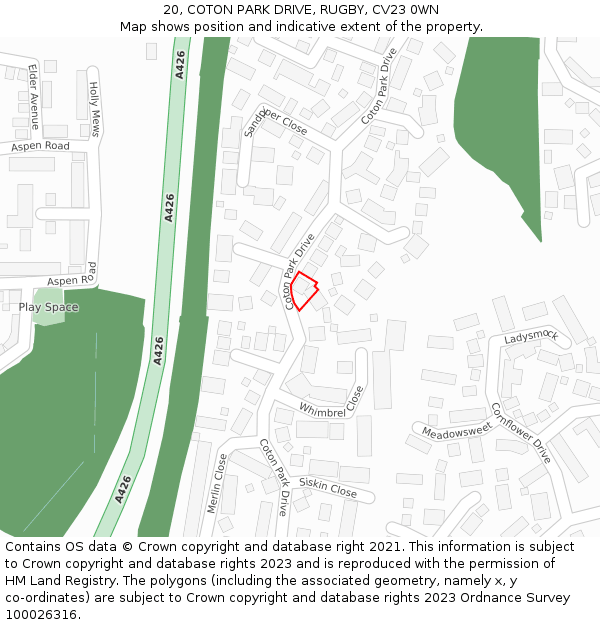 20, COTON PARK DRIVE, RUGBY, CV23 0WN: Location map and indicative extent of plot