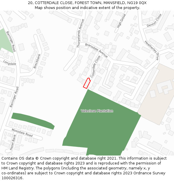 20, COTTERDALE CLOSE, FOREST TOWN, MANSFIELD, NG19 0QX: Location map and indicative extent of plot