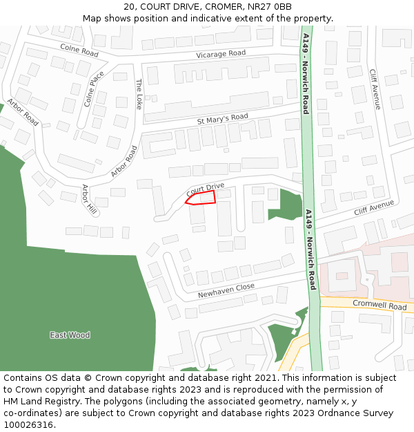 20, COURT DRIVE, CROMER, NR27 0BB: Location map and indicative extent of plot