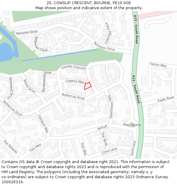 20, COWSLIP CRESCENT, BOURNE, PE10 0GE: Location map and indicative extent of plot