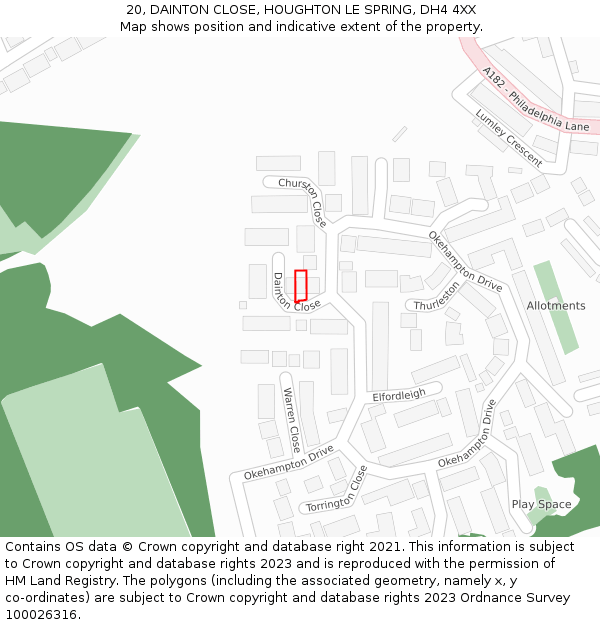 20, DAINTON CLOSE, HOUGHTON LE SPRING, DH4 4XX: Location map and indicative extent of plot