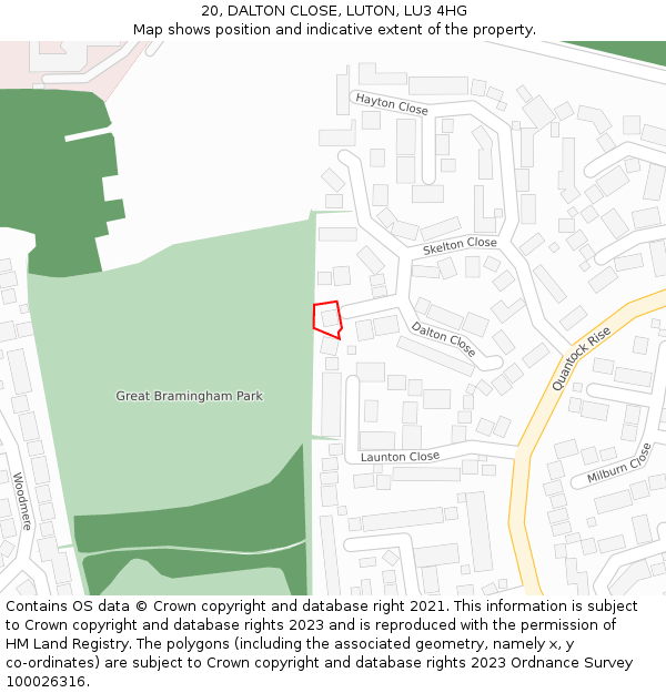 20, DALTON CLOSE, LUTON, LU3 4HG: Location map and indicative extent of plot