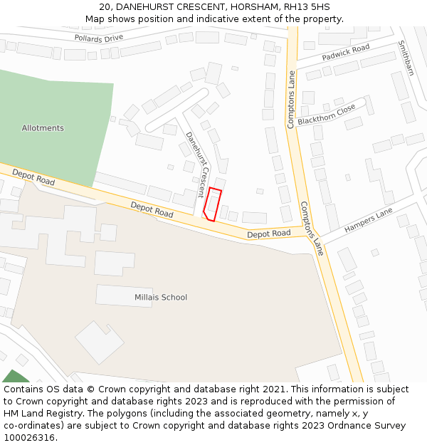 20, DANEHURST CRESCENT, HORSHAM, RH13 5HS: Location map and indicative extent of plot