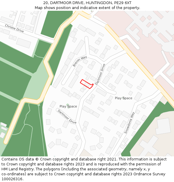 20, DARTMOOR DRIVE, HUNTINGDON, PE29 6XT: Location map and indicative extent of plot