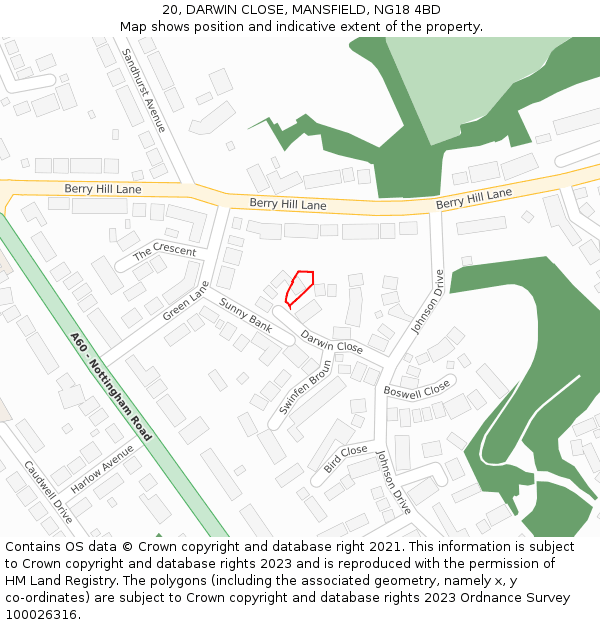 20, DARWIN CLOSE, MANSFIELD, NG18 4BD: Location map and indicative extent of plot