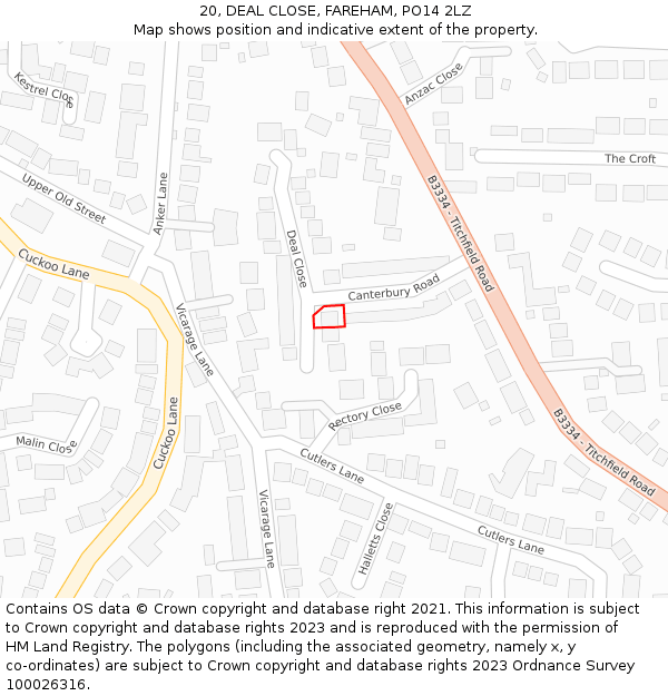 20, DEAL CLOSE, FAREHAM, PO14 2LZ: Location map and indicative extent of plot