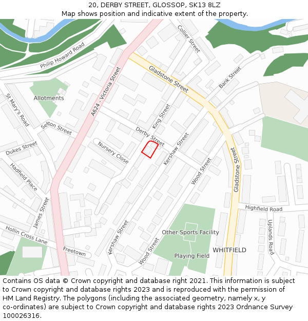 20, DERBY STREET, GLOSSOP, SK13 8LZ: Location map and indicative extent of plot