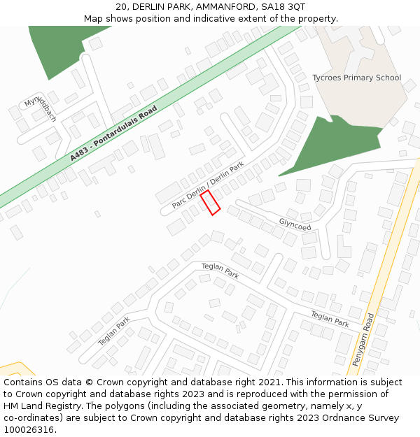 20, DERLIN PARK, AMMANFORD, SA18 3QT: Location map and indicative extent of plot
