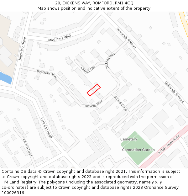 20, DICKENS WAY, ROMFORD, RM1 4GQ: Location map and indicative extent of plot