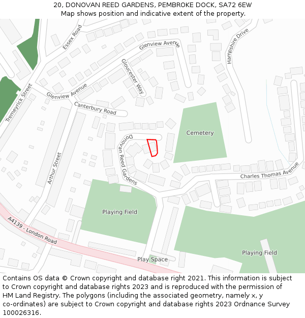 20, DONOVAN REED GARDENS, PEMBROKE DOCK, SA72 6EW: Location map and indicative extent of plot