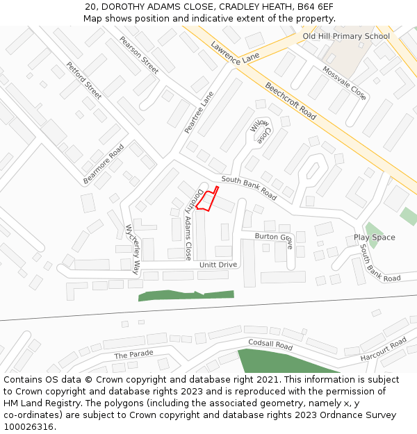 20, DOROTHY ADAMS CLOSE, CRADLEY HEATH, B64 6EF: Location map and indicative extent of plot