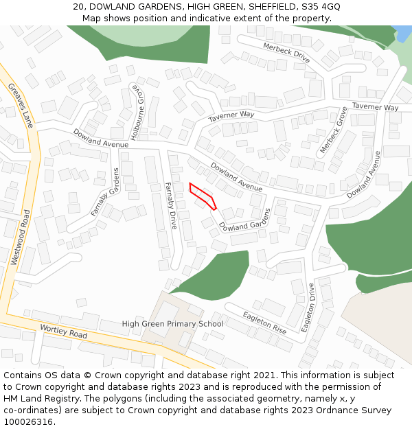 20, DOWLAND GARDENS, HIGH GREEN, SHEFFIELD, S35 4GQ: Location map and indicative extent of plot