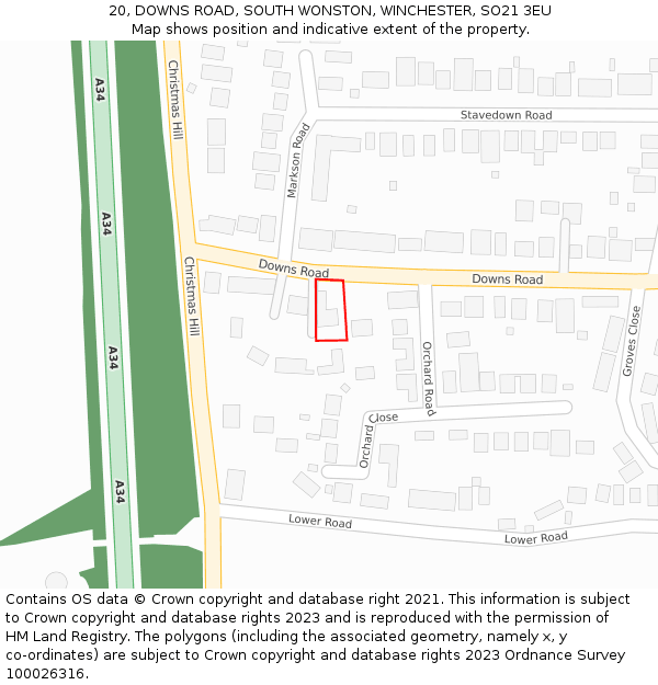 20, DOWNS ROAD, SOUTH WONSTON, WINCHESTER, SO21 3EU: Location map and indicative extent of plot