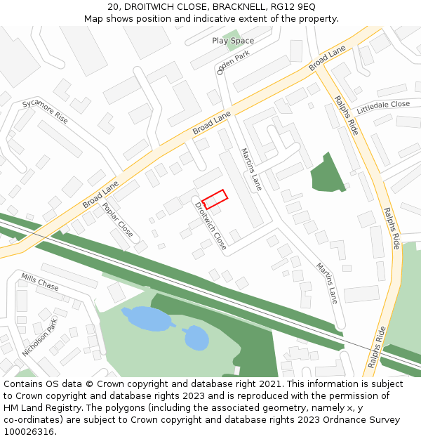 20, DROITWICH CLOSE, BRACKNELL, RG12 9EQ: Location map and indicative extent of plot