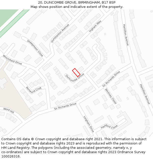 20, DUNCOMBE GROVE, BIRMINGHAM, B17 8SP: Location map and indicative extent of plot