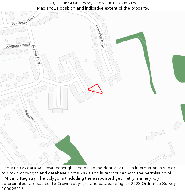 20, DURNSFORD WAY, CRANLEIGH, GU6 7LW: Location map and indicative extent of plot