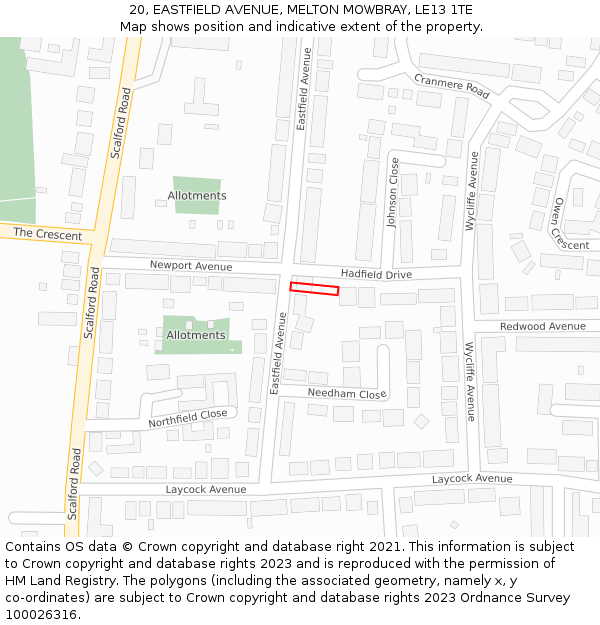 20, EASTFIELD AVENUE, MELTON MOWBRAY, LE13 1TE: Location map and indicative extent of plot