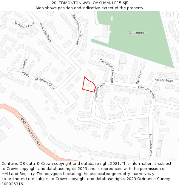 20, EDMONTON WAY, OAKHAM, LE15 6JE: Location map and indicative extent of plot