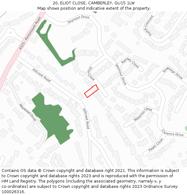 20, ELIOT CLOSE, CAMBERLEY, GU15 1LW: Location map and indicative extent of plot