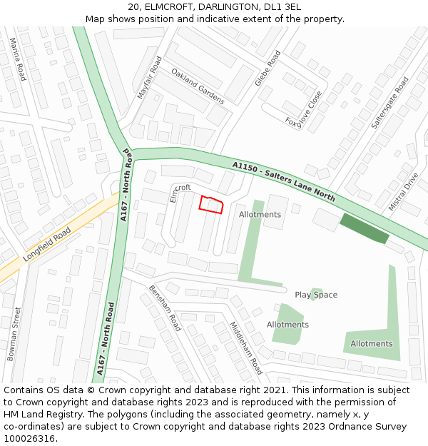 20, ELMCROFT, DARLINGTON, DL1 3EL: Location map and indicative extent of plot
