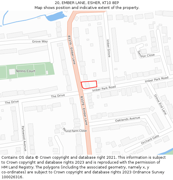 20, EMBER LANE, ESHER, KT10 8EP: Location map and indicative extent of plot