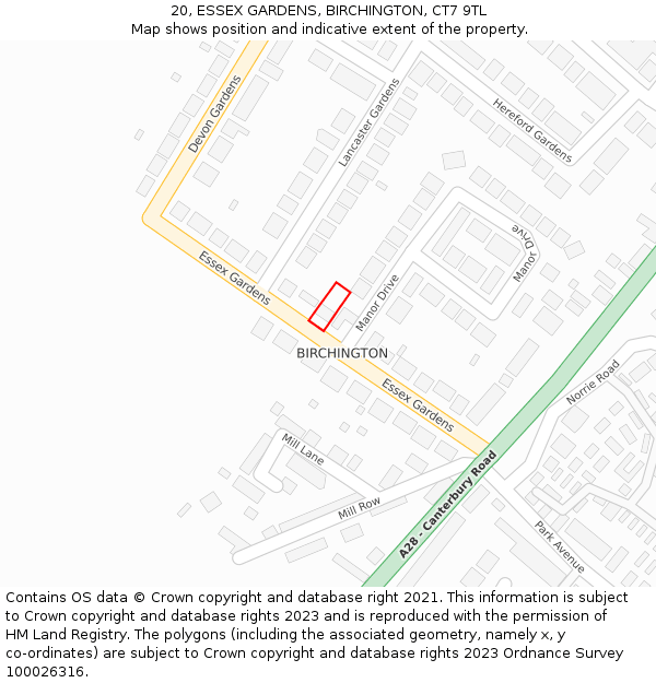 20, ESSEX GARDENS, BIRCHINGTON, CT7 9TL: Location map and indicative extent of plot