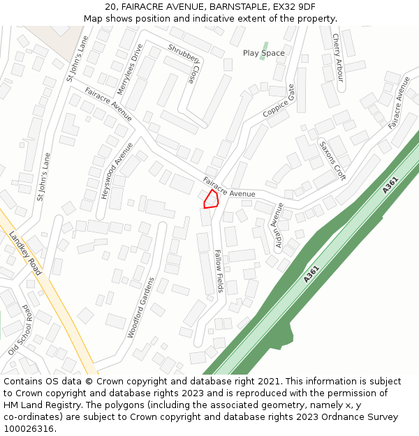20, FAIRACRE AVENUE, BARNSTAPLE, EX32 9DF: Location map and indicative extent of plot