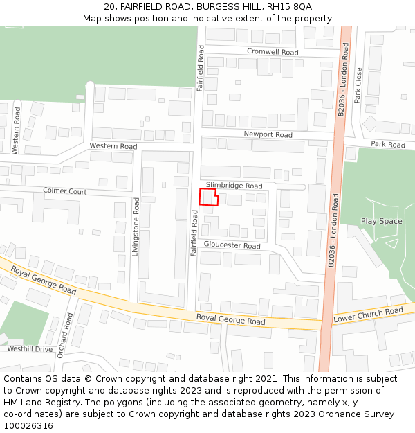20, FAIRFIELD ROAD, BURGESS HILL, RH15 8QA: Location map and indicative extent of plot