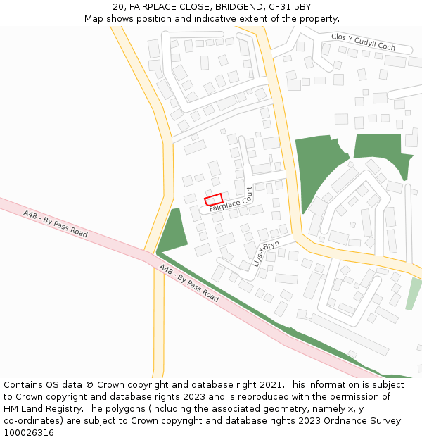 20, FAIRPLACE CLOSE, BRIDGEND, CF31 5BY: Location map and indicative extent of plot