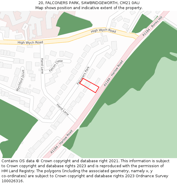 20, FALCONERS PARK, SAWBRIDGEWORTH, CM21 0AU: Location map and indicative extent of plot