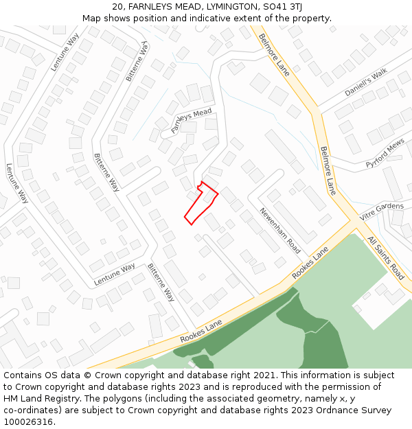 20, FARNLEYS MEAD, LYMINGTON, SO41 3TJ: Location map and indicative extent of plot