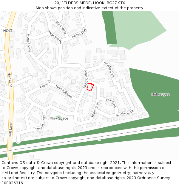 20, FELDERS MEDE, HOOK, RG27 9TX: Location map and indicative extent of plot