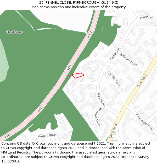 20, FENNEL CLOSE, FARNBOROUGH, GU14 9XD: Location map and indicative extent of plot