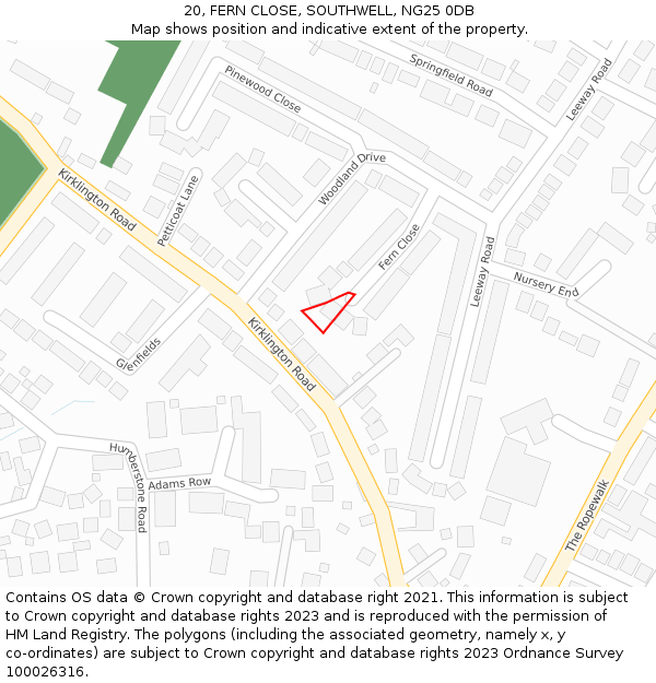 20, FERN CLOSE, SOUTHWELL, NG25 0DB: Location map and indicative extent of plot