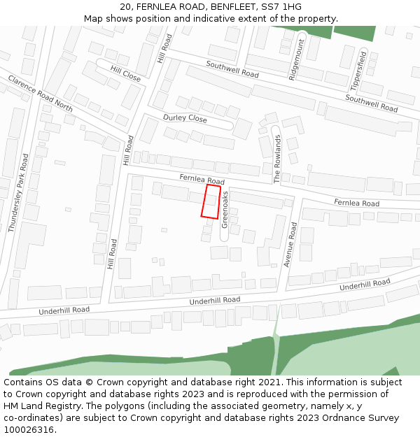 20, FERNLEA ROAD, BENFLEET, SS7 1HG: Location map and indicative extent of plot