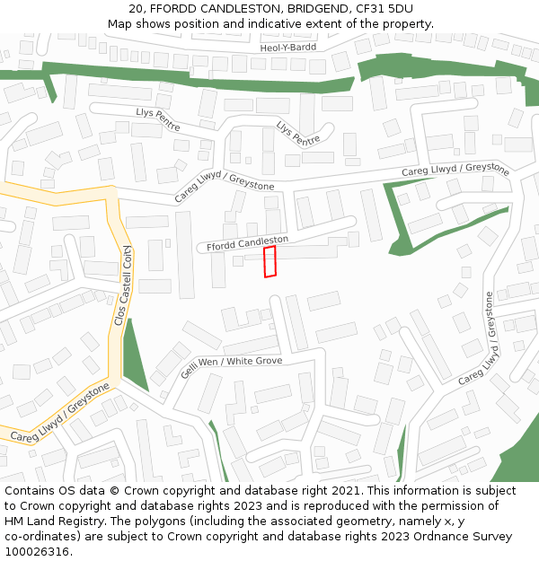 20, FFORDD CANDLESTON, BRIDGEND, CF31 5DU: Location map and indicative extent of plot