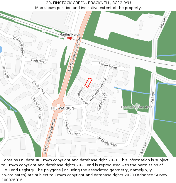 20, FINSTOCK GREEN, BRACKNELL, RG12 9YU: Location map and indicative extent of plot