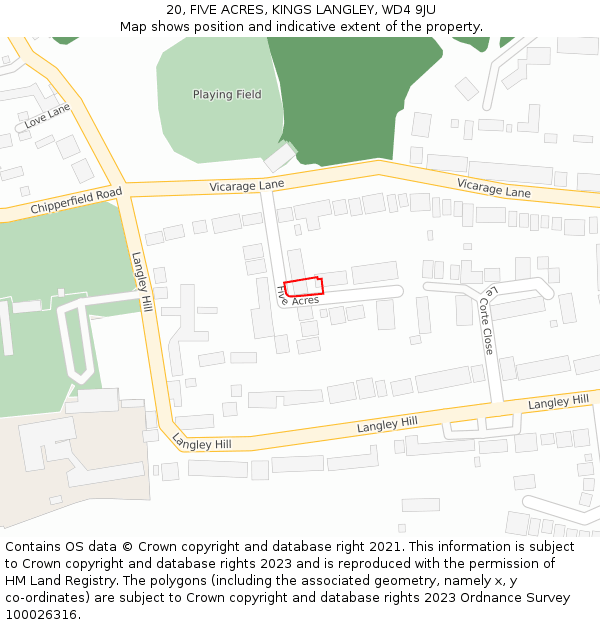 20, FIVE ACRES, KINGS LANGLEY, WD4 9JU: Location map and indicative extent of plot