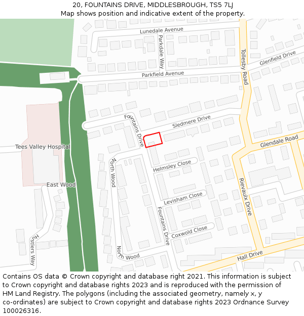 20, FOUNTAINS DRIVE, MIDDLESBROUGH, TS5 7LJ: Location map and indicative extent of plot
