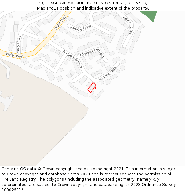 20, FOXGLOVE AVENUE, BURTON-ON-TRENT, DE15 9HQ: Location map and indicative extent of plot