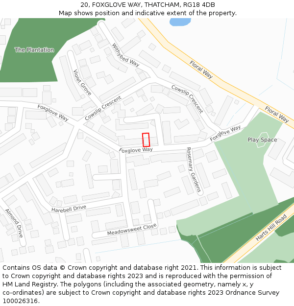 20, FOXGLOVE WAY, THATCHAM, RG18 4DB: Location map and indicative extent of plot