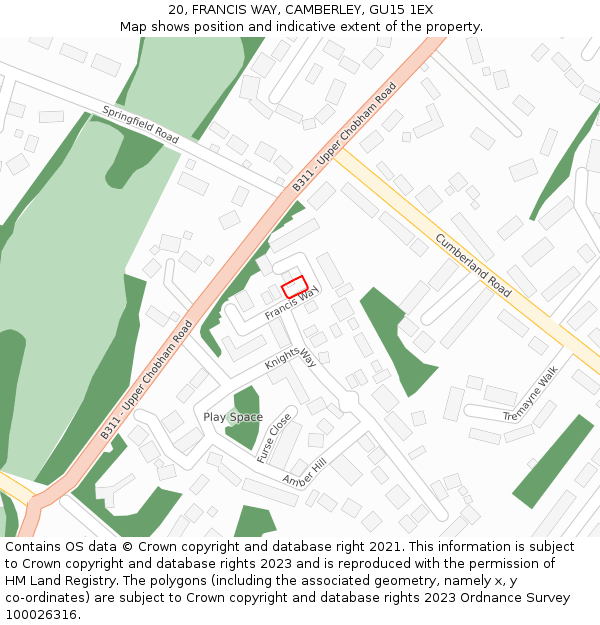 20, FRANCIS WAY, CAMBERLEY, GU15 1EX: Location map and indicative extent of plot