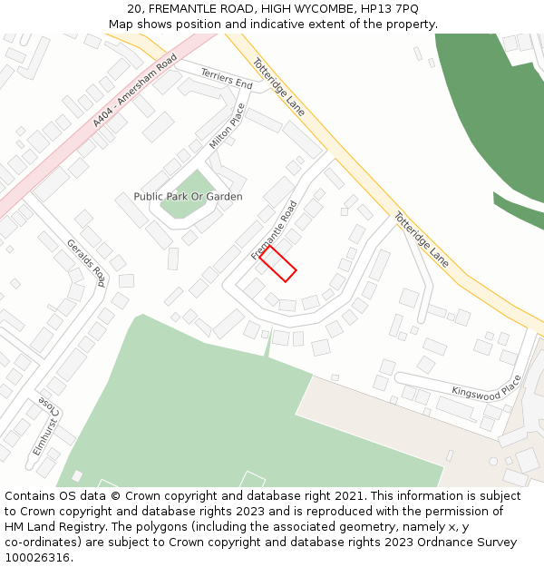 20, FREMANTLE ROAD, HIGH WYCOMBE, HP13 7PQ: Location map and indicative extent of plot